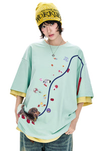 BJHG American Loose Fit Fun Dog‑Walking Print Tee | Couples Summer Short‑Sleeve Top