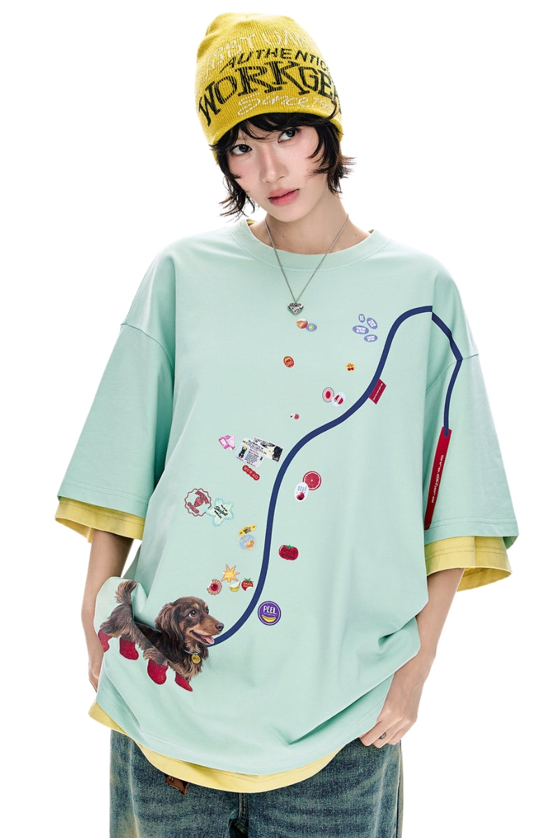 BJHG American Loose Fit Fun Dog‑Walking Print Tee | Couples Summer Short‑Sleeve Top