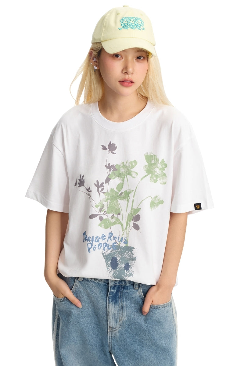 Dangerouspeople DSP Rub‑Print Hand‑Drawn Flower Graffiti Loose T‑Shirt