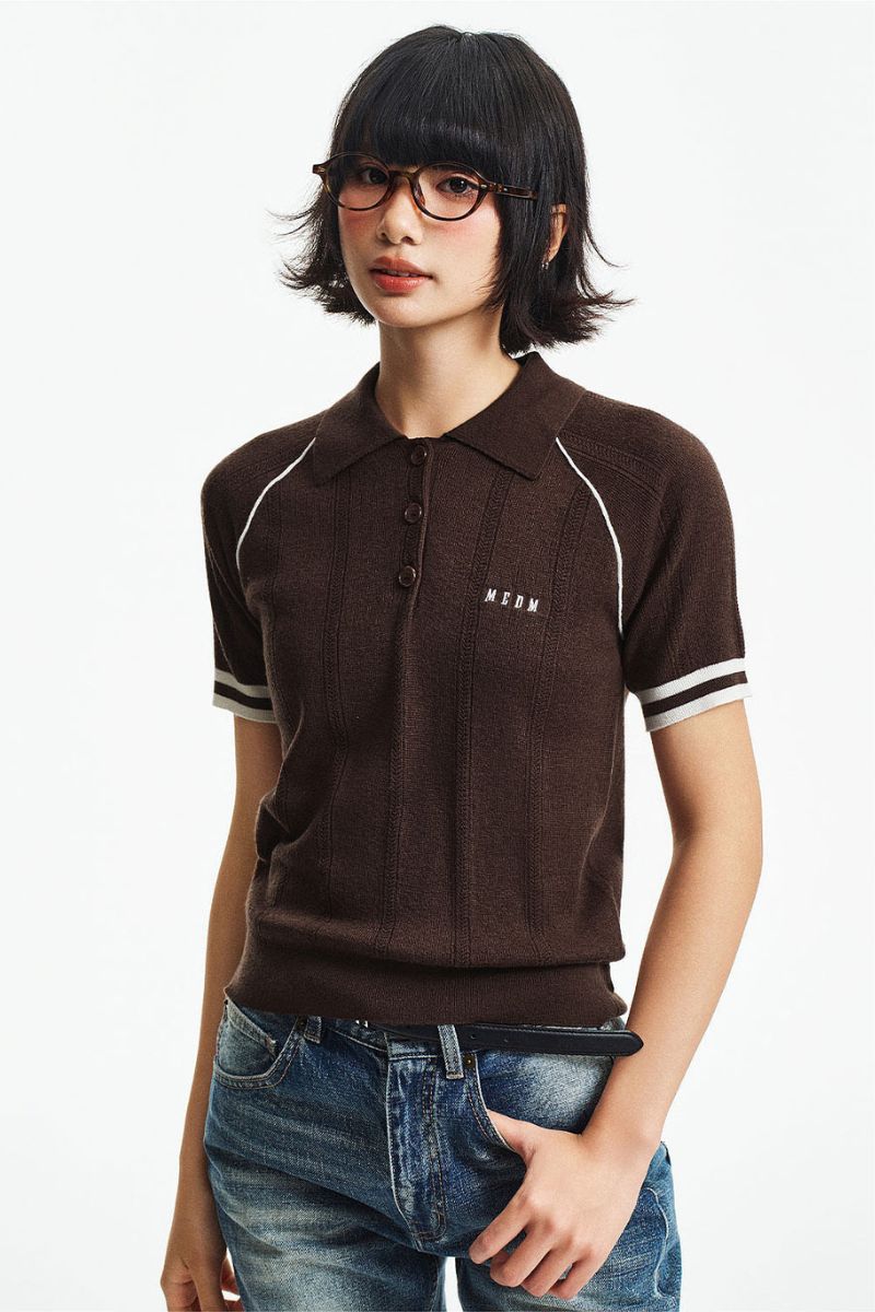 MEDM Embroidered Small LOGO Color-Block Embedded Striped Short-Sleeve POLO