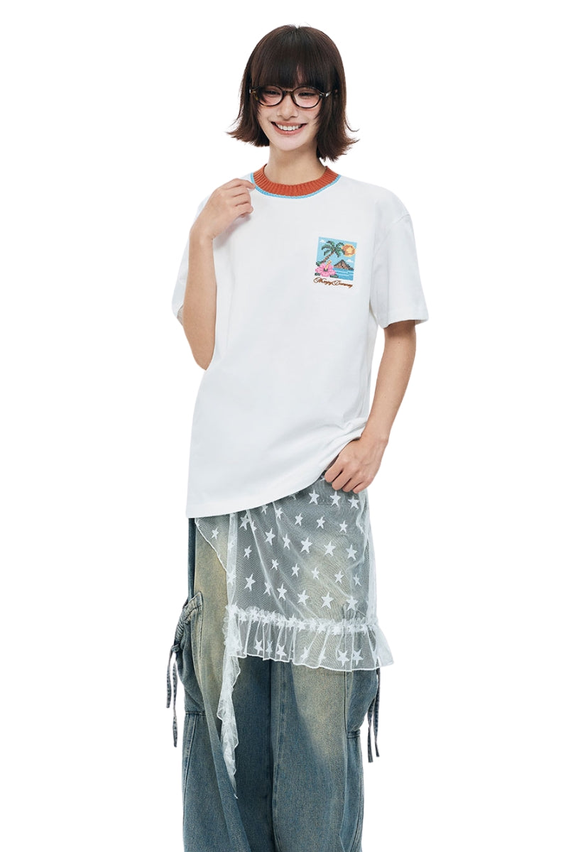 MEDM Contrast Knit Collar Embroidered Couple Tee