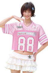 MEDM Women Cropped Retro Contrast V Neck Jersey Tee