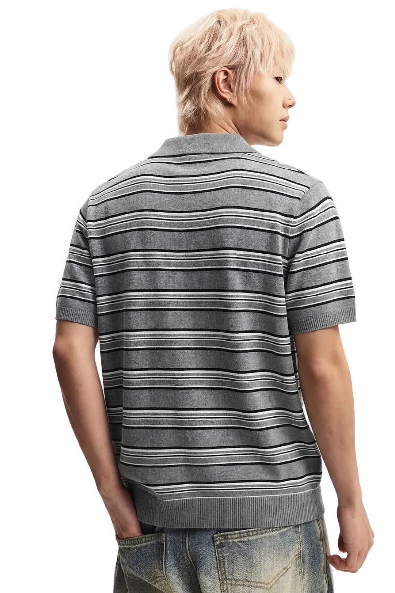 MEDM 3D Floral Stripe Knit Short Sleeve Polo Shirt for Men