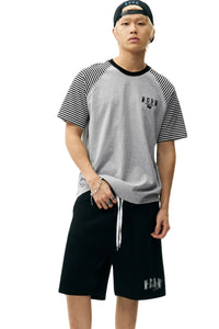 MEDM Stripe Raglan Embroidered Logo Loose T-shirt Men
