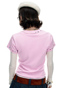 BJHG Women Colorful‑Embroidery Knitted Short‑Sleeve Tee, Set‑in‑Shoulder Slim‑Fit Top
