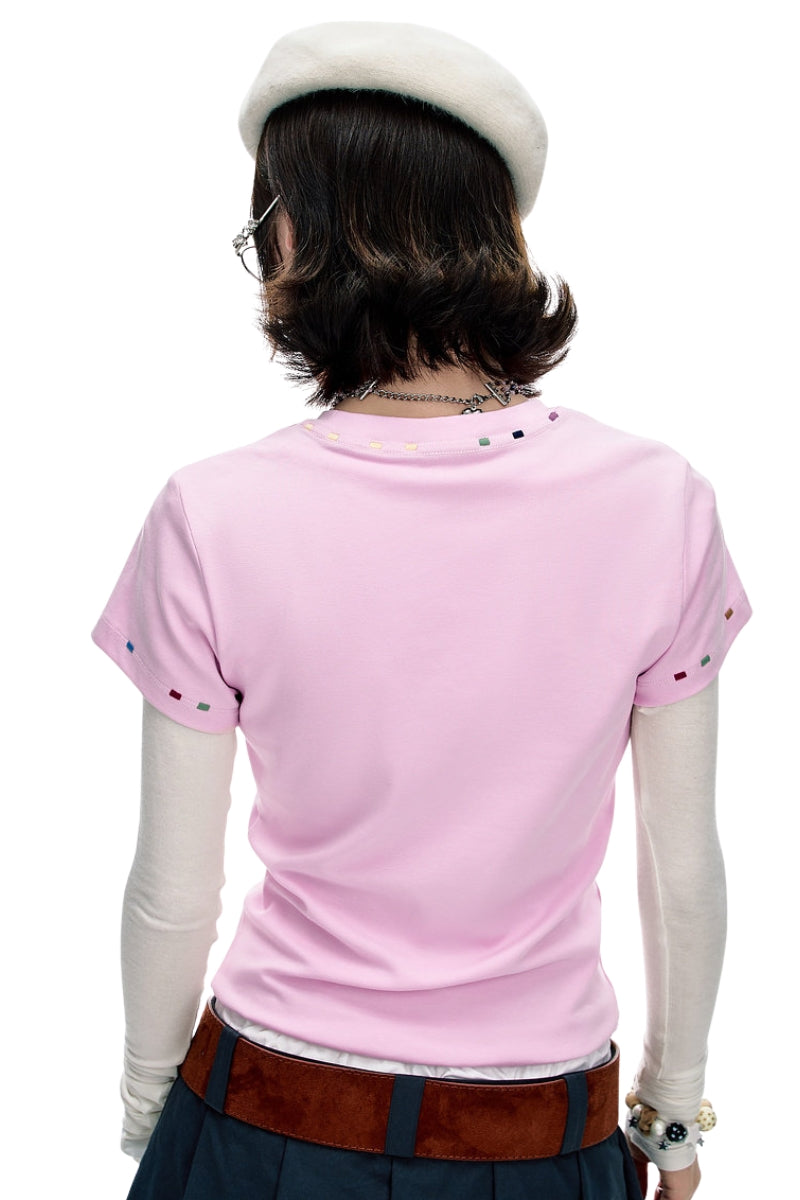 BJHG Women Colorful‑Embroidery Knitted Short‑Sleeve Tee, Set‑in‑Shoulder Slim‑Fit Top