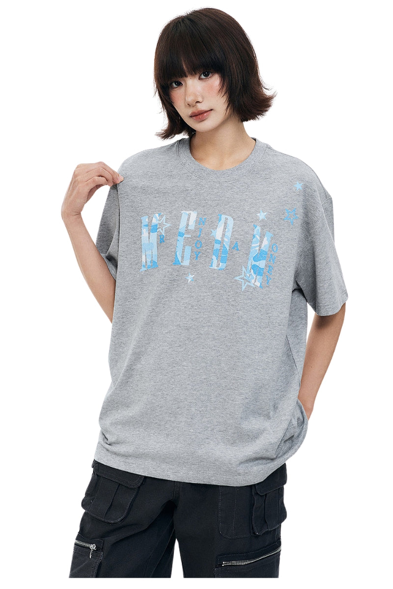 MEDM Relaxed Fit Camouflage Letter Rhinestone Streetwear Tee