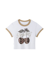 BJHG Retro Cropped T‑Shirt, American Style Leopard Cherry Graphic Women Summer Top