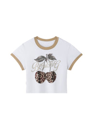 BJHG Retro Cropped T‑Shirt, American Style Leopard Cherry Graphic Women Summer Top
