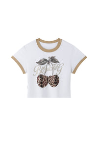 BJHG Retro Cropped T‑Shirt, American Style Leopard Cherry Graphic Women Summer Top