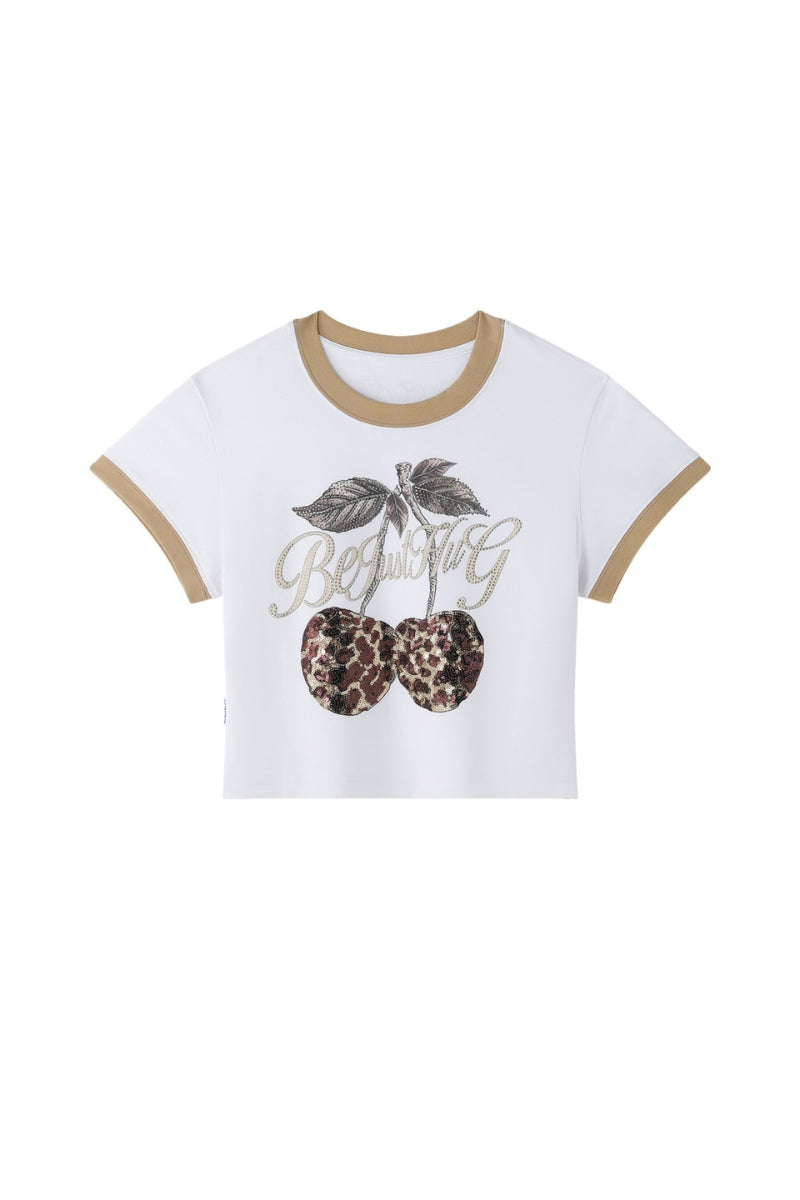BJHG Retro Cropped T‑Shirt, American Style Leopard Cherry Graphic Women Summer Top