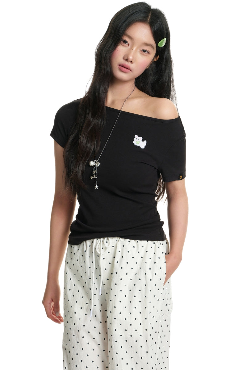 Dangerouspeople DSP Stretch Knit Embroidered Dog Slim Waist Fitted Tee