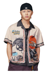 MEDM Men Western Cowboy Illustration Cuban Collar Contrast Shirt