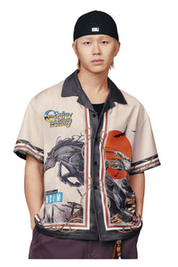MEDM Men Western Cowboy Illustration Cuban Collar Contrast Shirt
