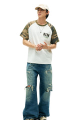 MEDM Contrast Raglan Leopard Leather Patch Vintage Tee