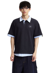 DangerousPeople DSP｜Fake Two‑Piece Dog Embroidery Oversized Drop‑Shoulder Polo Shirt