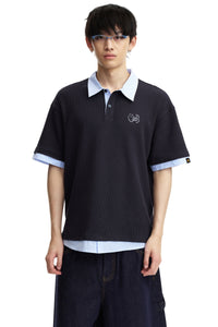 DangerousPeople DSP｜Fake Two‑Piece Dog Embroidery Oversized Drop‑Shoulder Polo Shirt