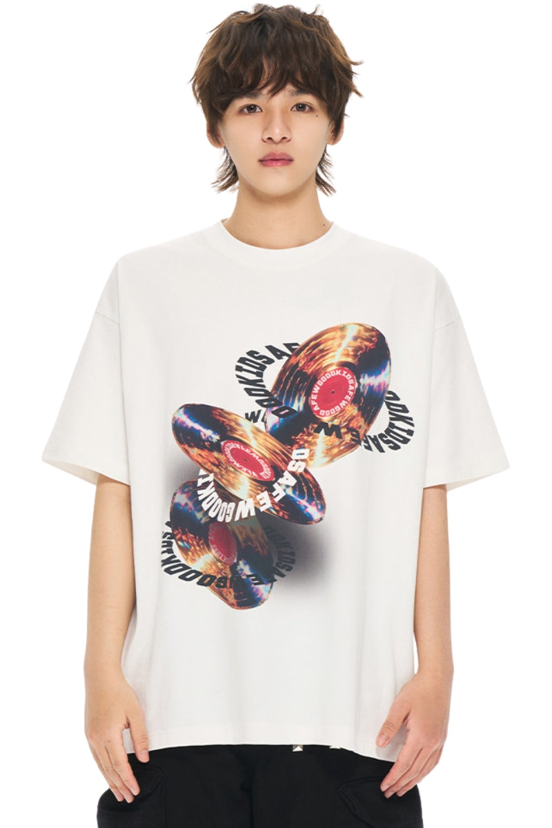 AFGK | Record Surround Logo Print Tee, American Casual Unisex T-Shirt