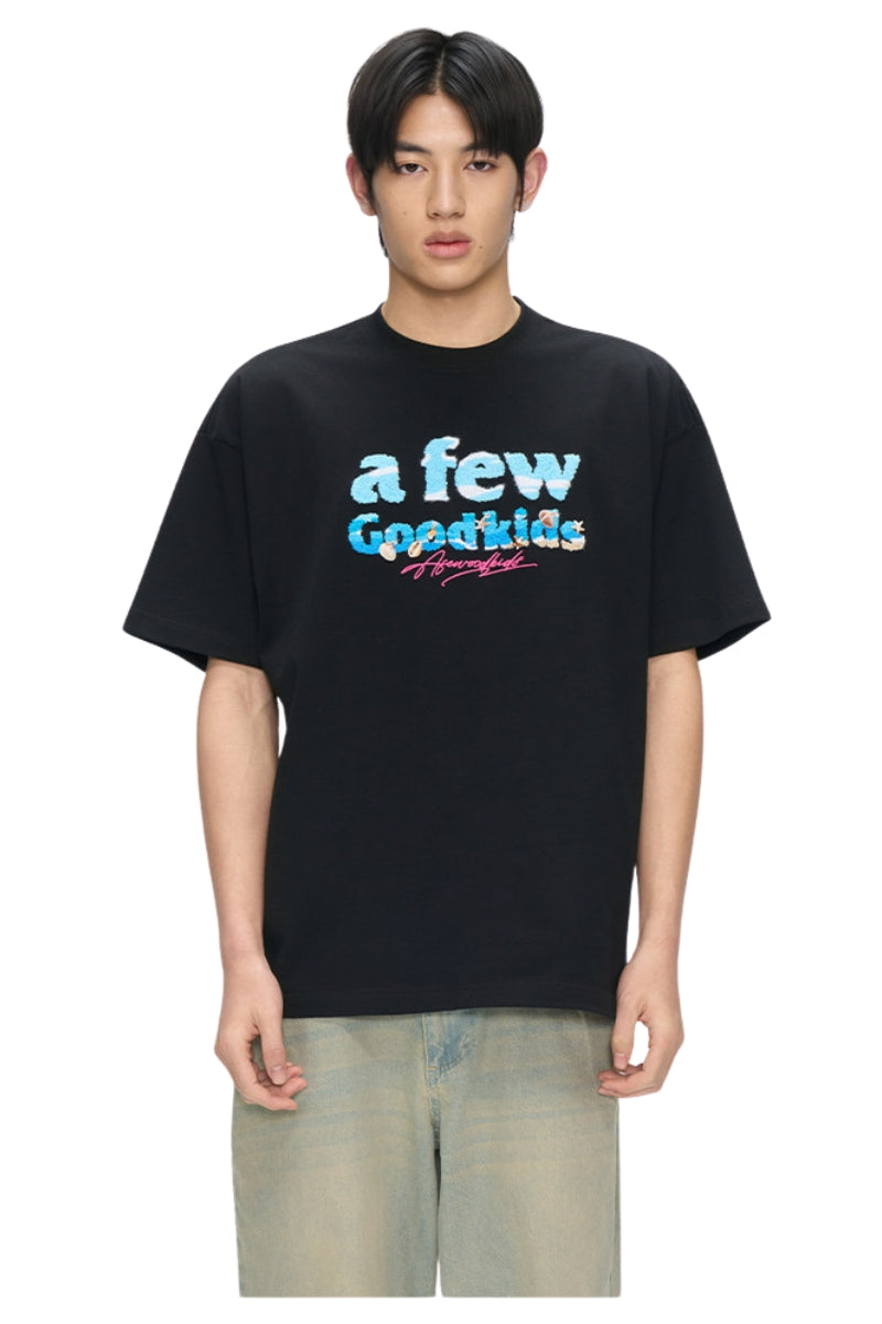 AFGK | Beach Towel Embroidery Shell Tee, Unisex Casual Couple T-Shirt
