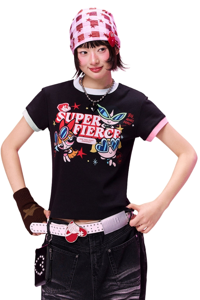 BJHG X Powerpuff Girls Women Fitted Short‑Sleeve T‑Shirt Summer Streetwear Top