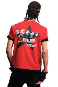 MEDM x EVA NEVER END Chibi Group Figure Star Print Crew Neck Summer Trendy Tee