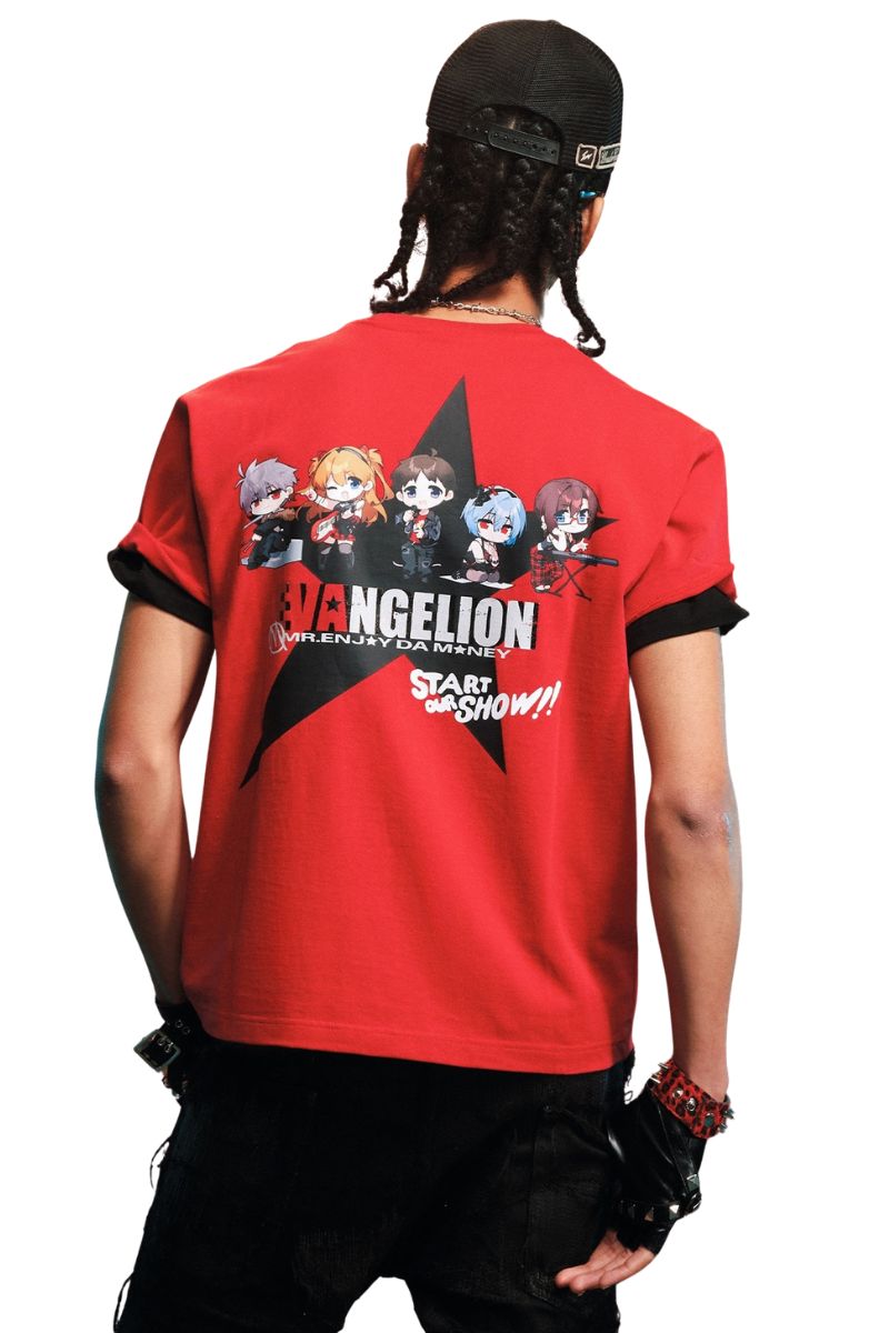 MEDM x EVA NEVER END Chibi Group Figure Star Print Crew Neck Summer Trendy Tee