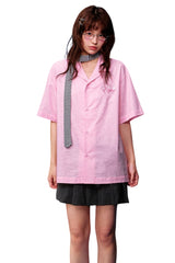 MEDM Color Block Letter Embroidery Linen Unisex Shirt