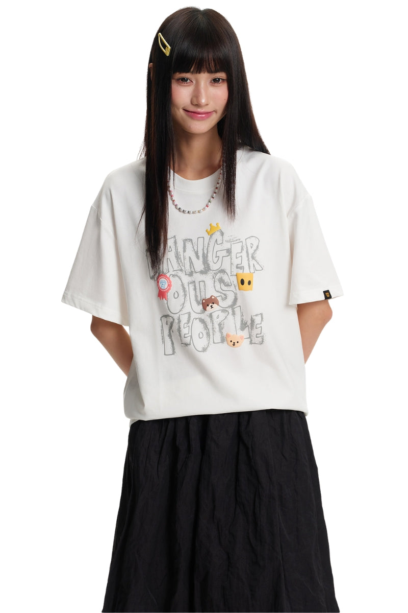 Dangerouspeople｜Graffiti Font Print Loose Oversized Cotton T‑Shirt