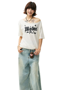 MEDM Slant Shoulder Graffiti Print Casual Women T-shirt