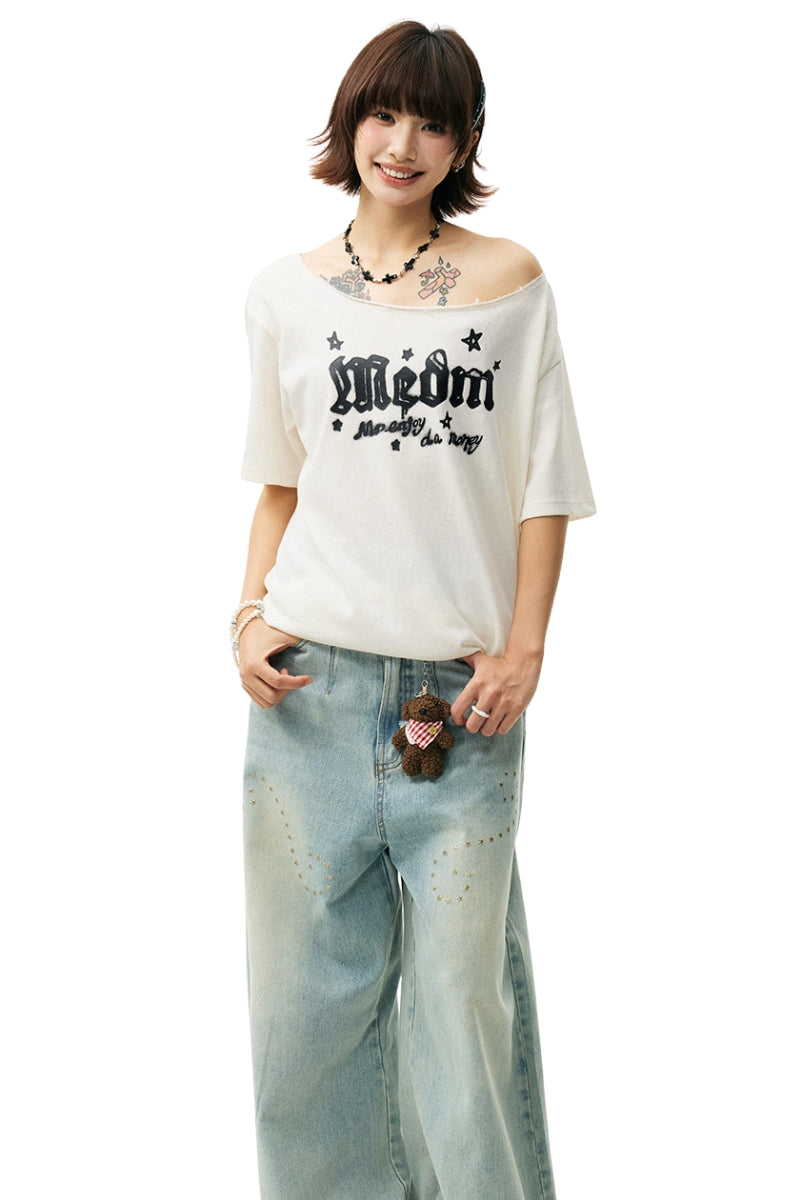 MEDM Slant Shoulder Graffiti Print Casual Women T-shirt