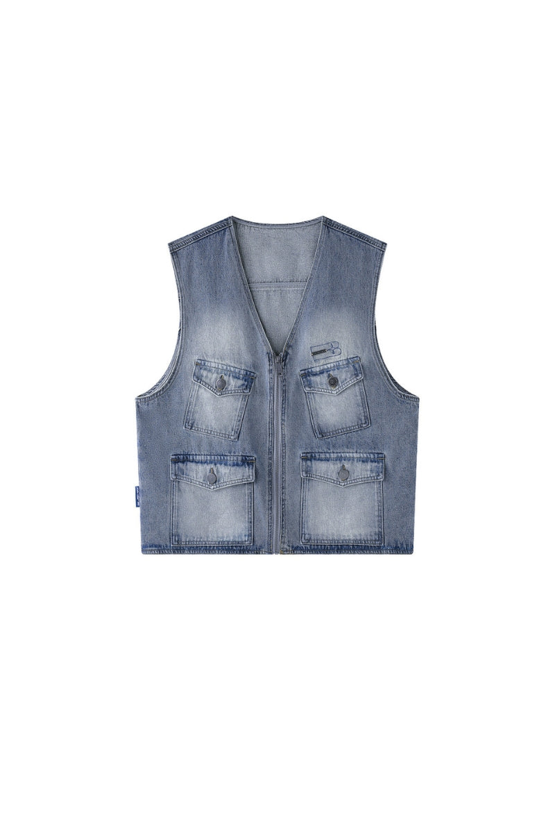 BJHG Men Denim Workwear Vest | Gorpcore Style 3D Patch‑Pocket Sleeveless Jacket for Fall Layering