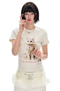 BJHG Women Cat Print Slim T-shirt Summer American Short Sleeve Top