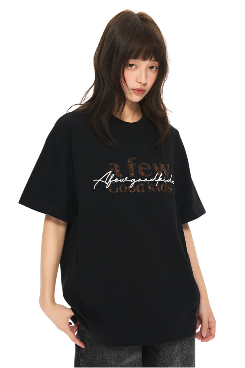 AFGK | Leopard Lace Patch Embroidered Tee, Unisex Summer Cotton T-Shirt