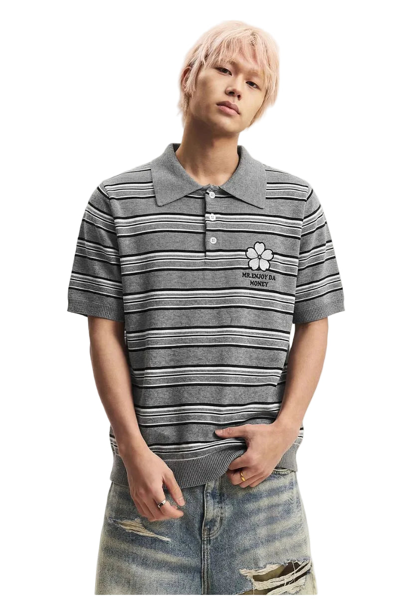 MEDM 3D Floral Stripe Knit Short Sleeve Polo Shirt for Men