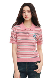MEDM Women's Floral Stripe Knit Short Sleeve Polo Shirt