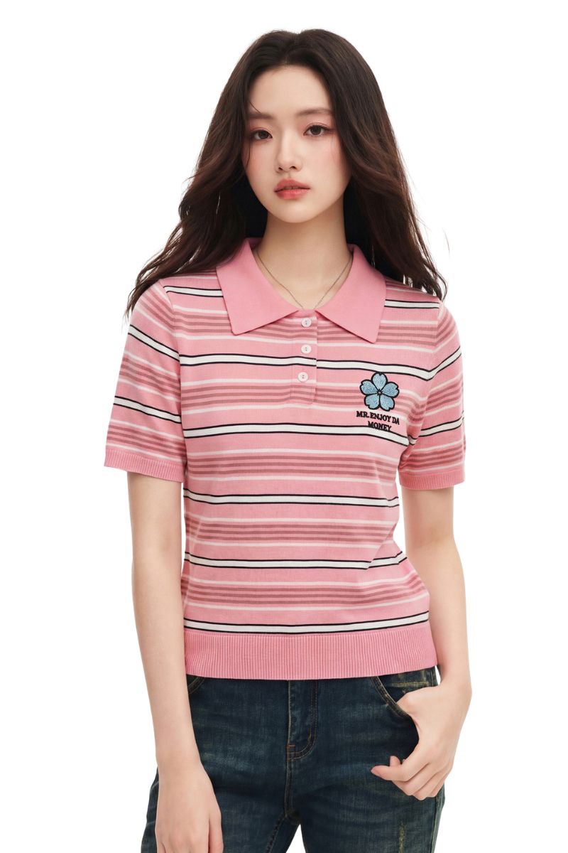 MEDM Women's Floral Stripe Knit Short Sleeve Polo Shirt