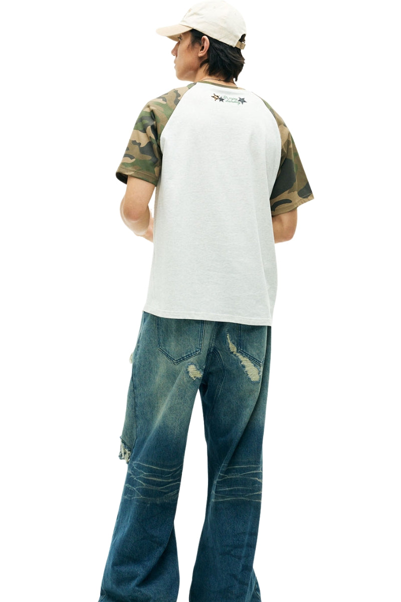 MEDM Contrast Raglan Leopard Leather Patch Vintage Tee