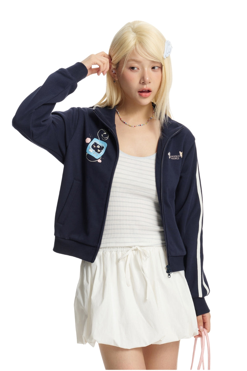 Dangerouspeople｜Retro Sporty Stand Collar Webbing Zip Sweatshirt