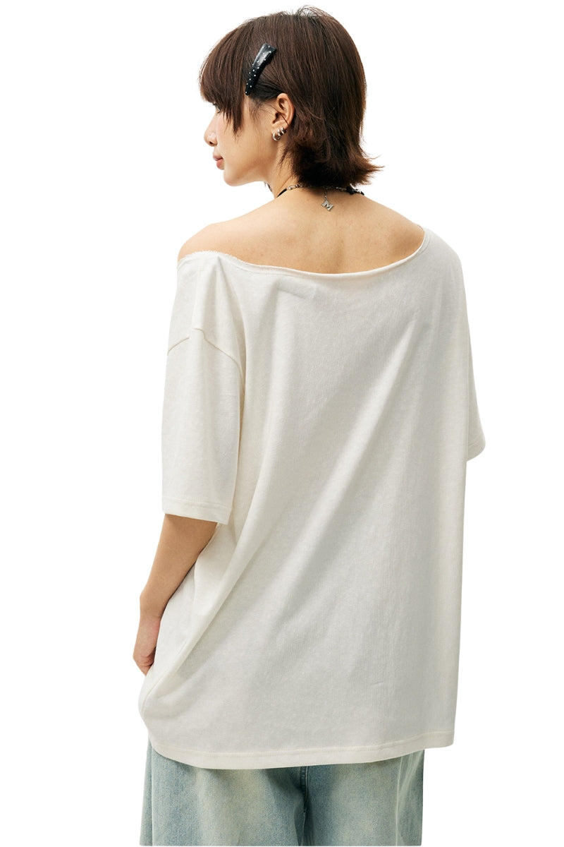 MEDM Slant Shoulder Graffiti Print Casual Women T-shirt