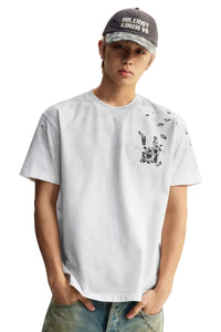 MEDM Vintage Washed Lily Print Oversized Unisex Crew Neck Tee