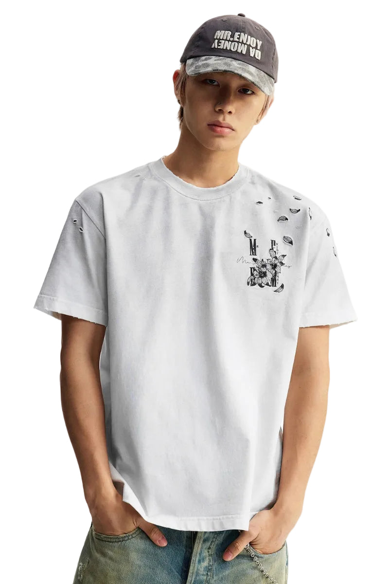 MEDM Vintage Washed Lily Print Oversized Unisex Crew Neck Tee