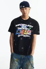MEDM All Over Print Star Letter Embroidery T-shirt, Loose Crew Neck Couple Tee