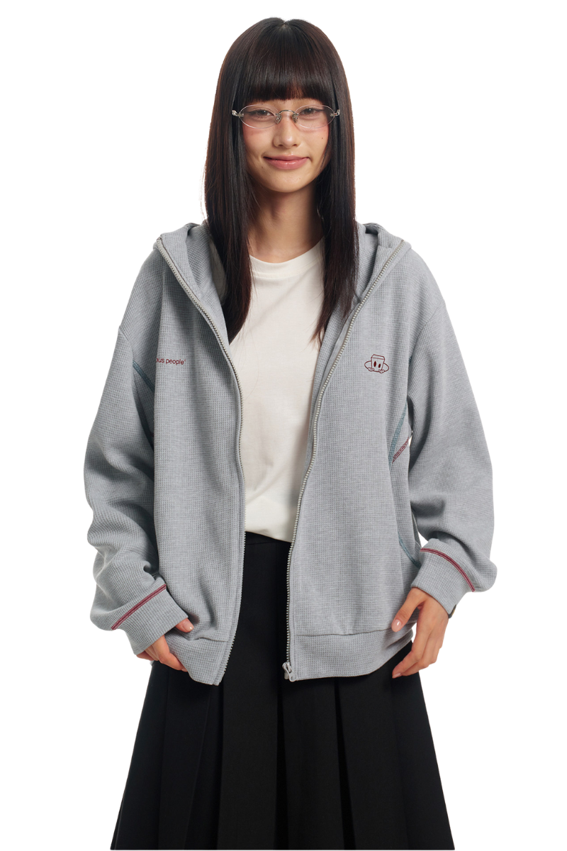Dangerouspeople | Waffle Knit Contrast Stitch Zip Hoodie