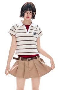BJHG Summer New Women Cotton T‑Shirt Preppy Style Striped V‑Neck Slim Fit Fashion Top