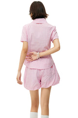 MEDM Heart Embroidery Plaid Cropped Shirt Women Slim Short Sleeve Top
