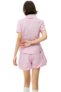 MEDM Heart Embroidery Plaid Cropped Shirt Women Slim Short Sleeve Top