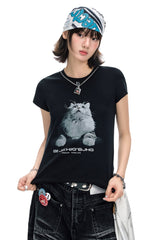 BJHG American Print True‑Shoulder Fitted Tee Women Summer Cool Quick‑Dry Streetwear Top