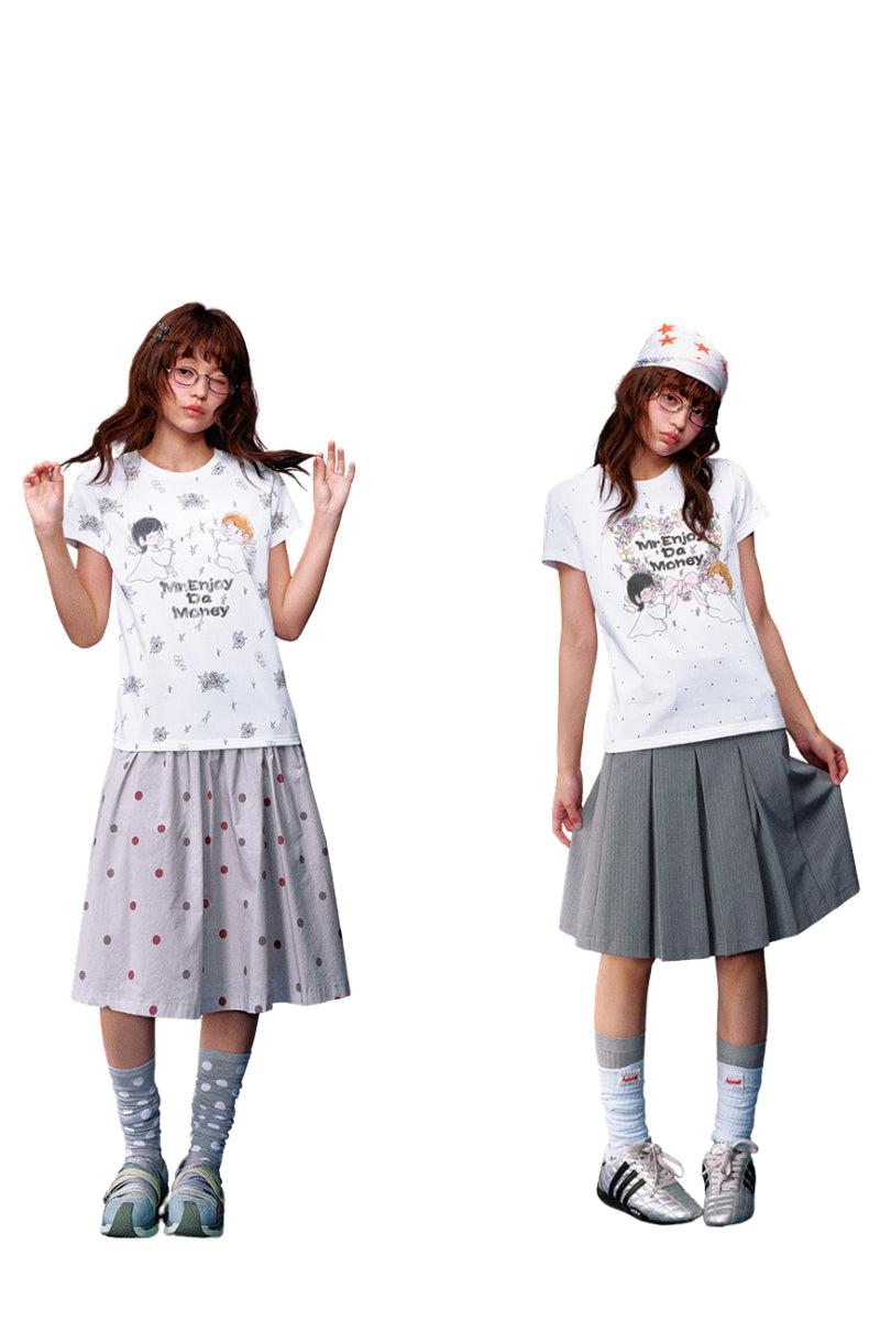 MEDM White Wreath Angel Print Polka Dot Loose Women Tee