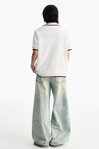 MEDM 2026 Striped Mesh Knit Collared Short Sleeve Top