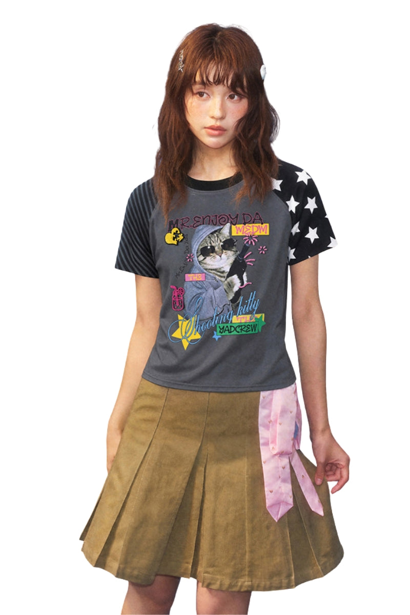 MEDM x YAD Cat & Dog Battle Print 3D Letter Raglan Women Tee